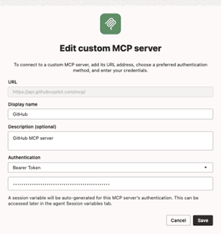 A caixa de diálogo Editar servidor MCP personalizado é exibida. Os detalhes do https://api.githubcopilot.com/mcp são preenchidos.