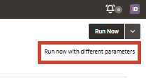Botão Run now expandido para exibir Run now com opção de parâmetros diferentes destacada