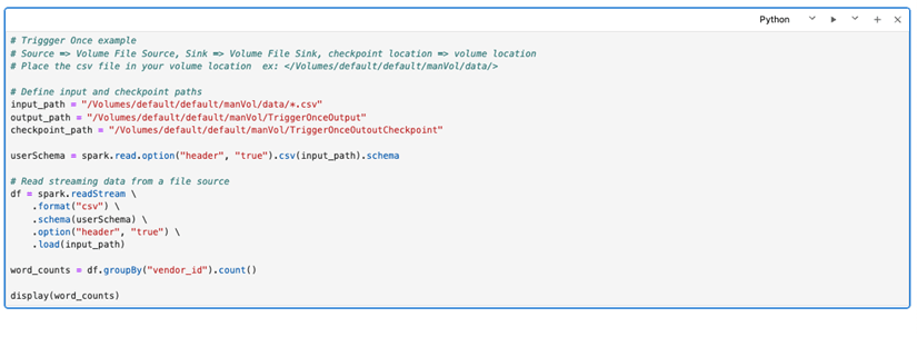 Exemplo de código de streaming em uma célula de notebook do AI Data Platform Workbench