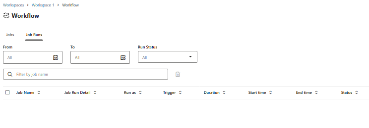Job de workflow aberto na página Execuções de Job