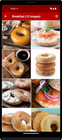 Esta imagem mostra uma galeria de imagens com diferentes tipos de bagels, alguns com creme ou coberturas, ou ambos.