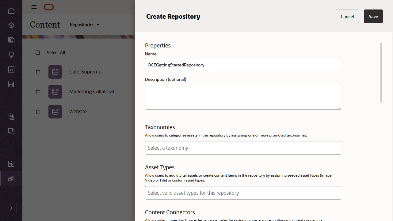 Esta imagem mostra o painel de definição de repositório, com 'OCEGettingStartedRepository' no campo de nome do repositório.