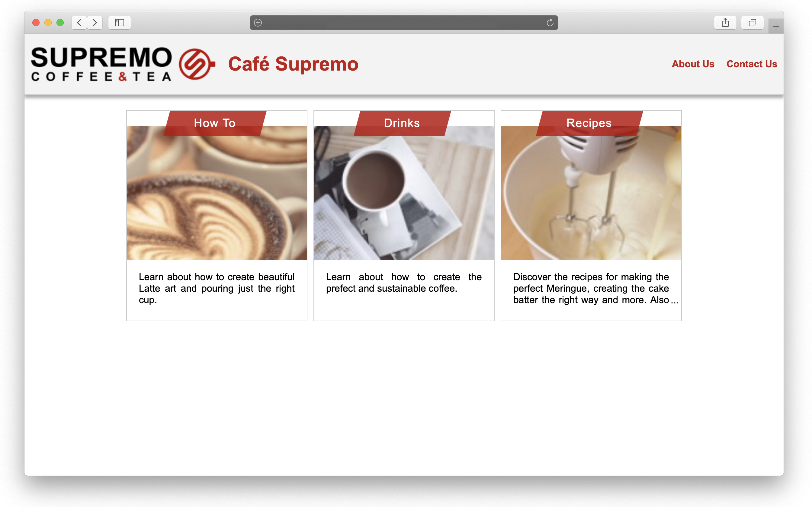 Esta imagem mostra a página inicial do site de demonstração Cafe Supremo com uma lista dos tópicos disponíveis.