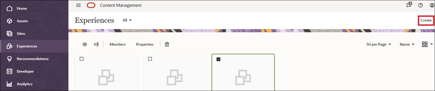 Essa imagem mostra a criação de um objeto de experiência na interface web do Oracle Content Management. Essa imagem mostra a criação de um objeto de experiência na interface web do Oracle Content Management.