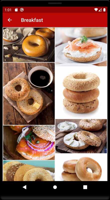 Esta imagem mostra uma galeria de imagens com diferentes tipos de bagels, alguns com creme ou coberturas, ou ambos.
