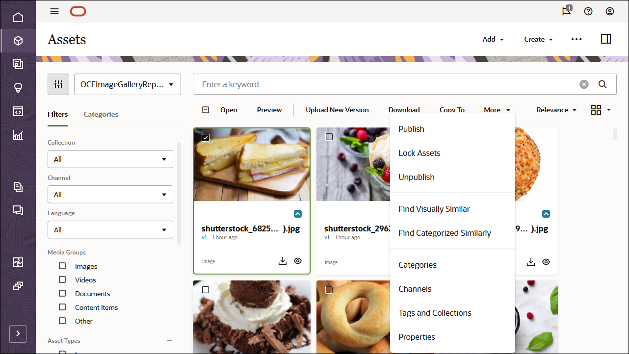 Esta imagem mostra um ativo selecionado no repositório OCEImageGalleryRepository, com o menu de seleção Mais exibido (incluindo a opção Categorias).