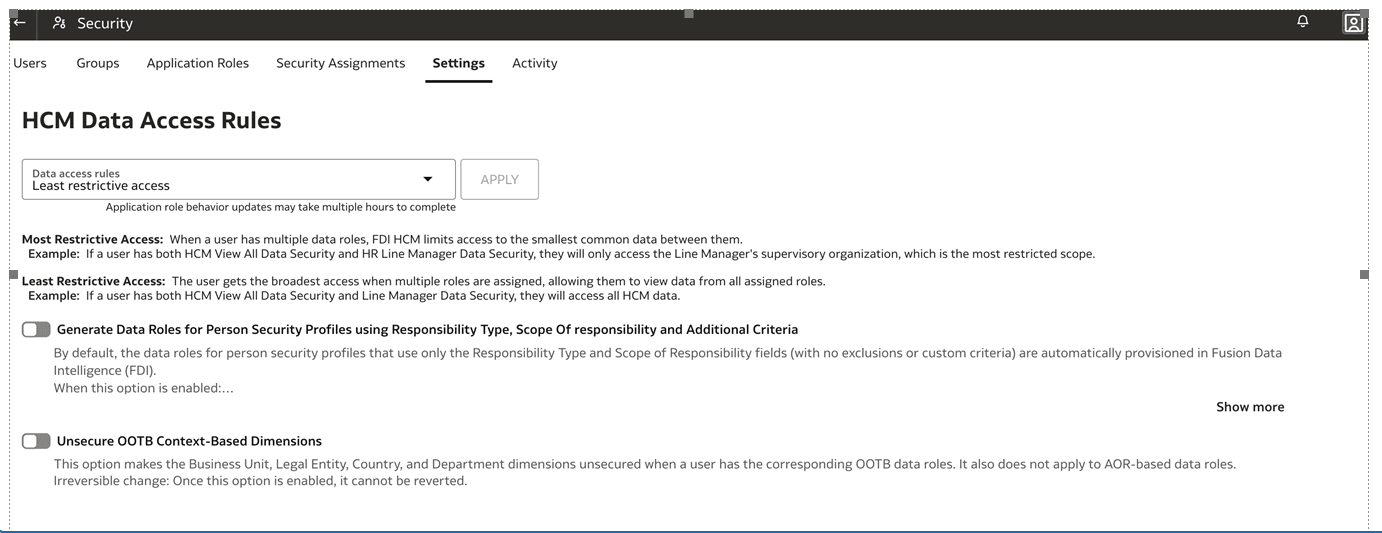 Veja a seguir a descrição da ilustração fawag-aor-hcm-security-options.png