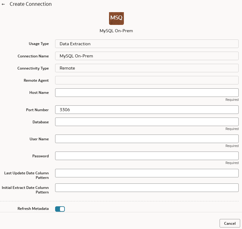Caixa de diálogo Criar Conexão para MySQL On-Premises