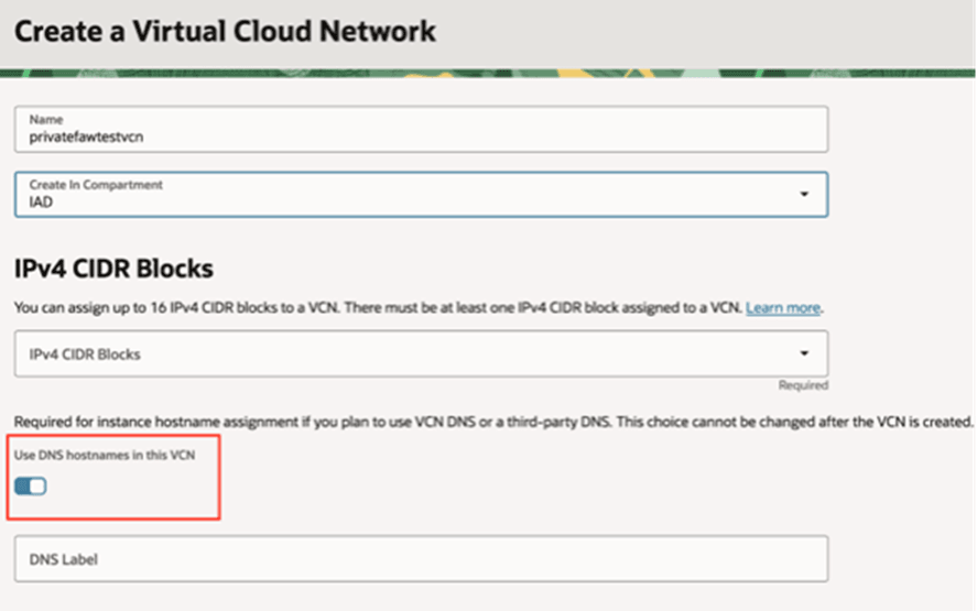 Veja a seguir a descrição da ilustração fawag-fdi-pvt-instance-dnshostname-vcn-oak.png