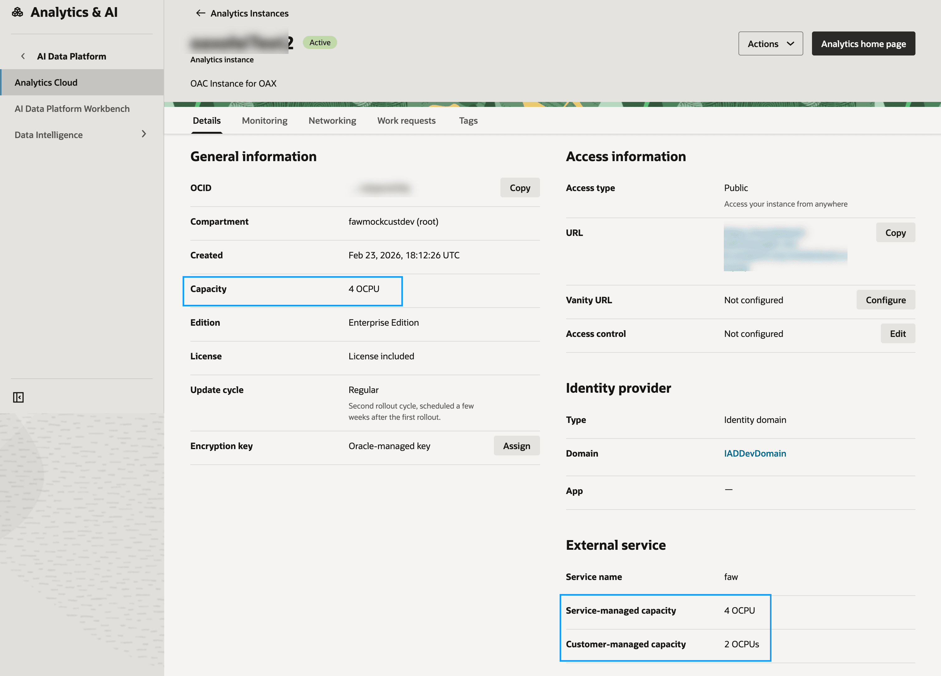 A capacidade gerenciada pelo serviço e gerenciada pelo cliente para a instância associada do Oracle Analytics Cloud