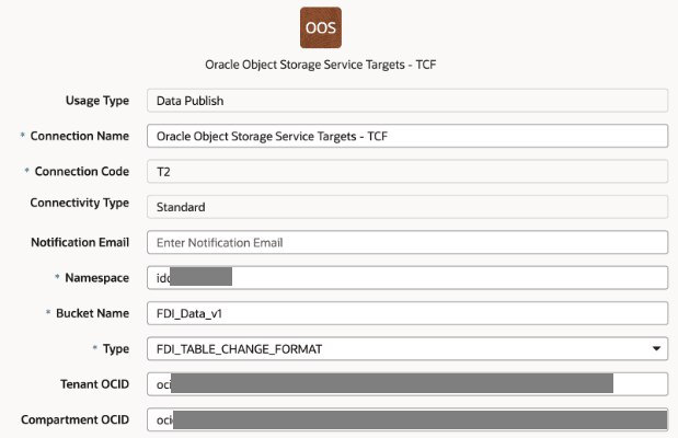 Detalhes da conexão dos Destinos do Oracle Object Storage Service