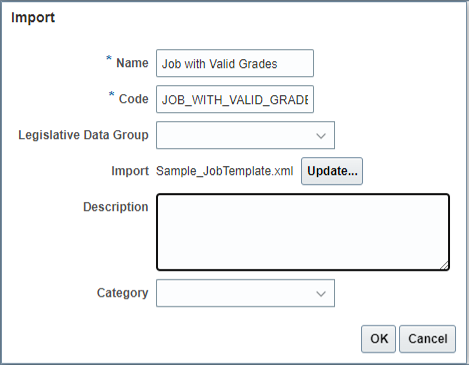 Especifique e nomeie e selecione o arquivo de modelo xml baixado