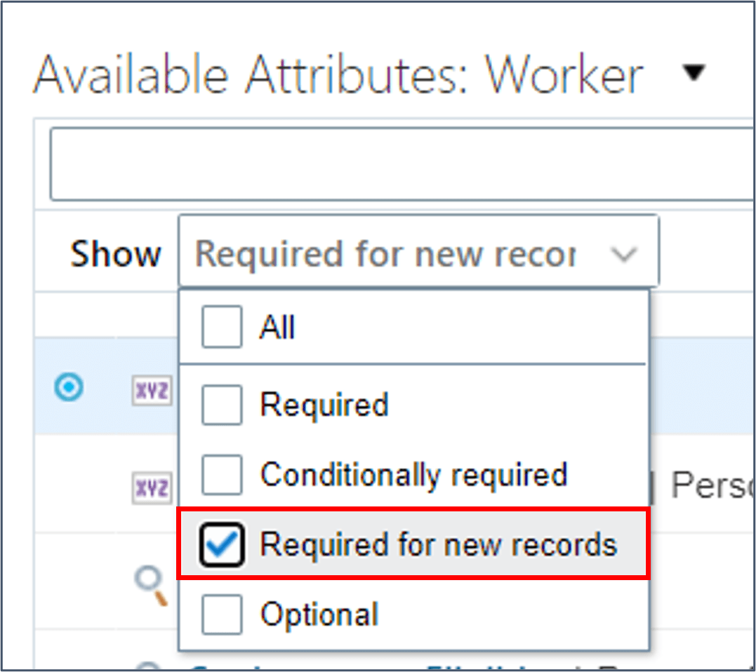 Selecione 'Obrigatório para novos registros' na lista de opções de exibição.