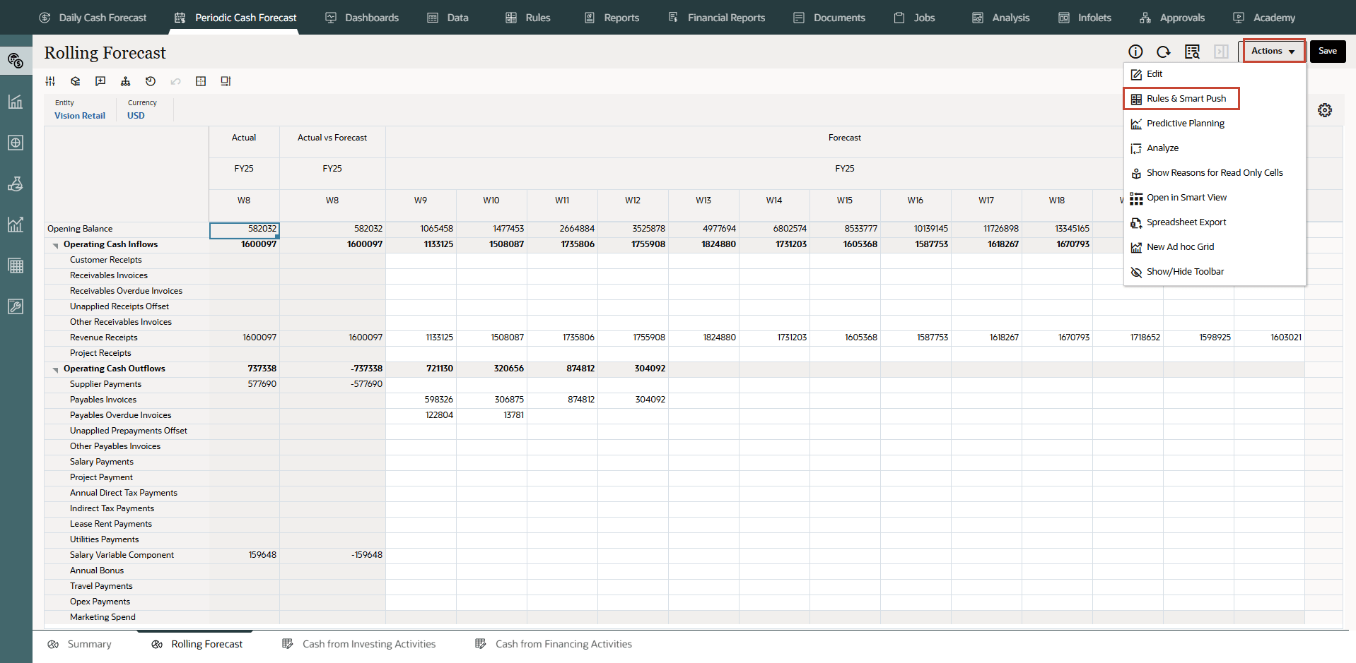 Regras do menu Ações