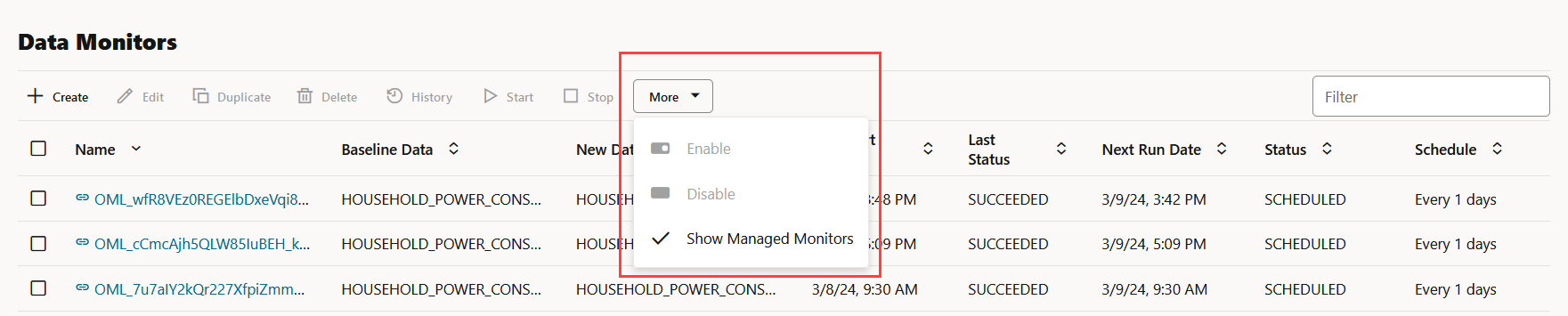 Mais opções em Monitores de dados