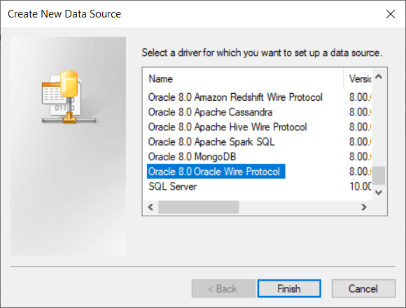 Tela "Criar Nova Origem de Dados" no utilitário Administrador de Origem de Dados ODBC de 64 bits do Windows. O texto da caixa de diálogo é "Selecionar um driver para o qual você deseja configurar uma origem de dados". O driver selecionado é "Oracle 8.0 Oracle Wire Protocol" e o botão Finalizar é destacado.