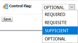 Console de Administração do WebLogic Server, Provedores > msad > guia Comum, com foco na definição do Flag de Controle que está sendo alterada de OPCIONAL para SUFICIENTE e no botão Salvar.