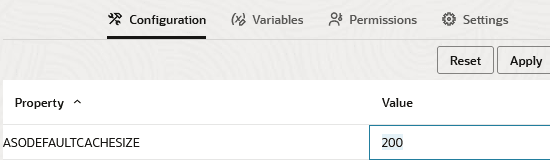 Interface de configuração de aplicativo com a propriedade de configuração ASODEFAULTCACHESIZE adicionada e o campo de texto Valor ativo, uma vez que o valor 200 está sendo informado manualmente