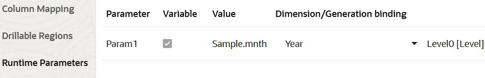 Guia Parâmetros de Runtime da definição do relatório de drill through. Parâmetro: Param1. Variável: verificada. Valor: Sample.mnth. Dimensão: Ano. Binding de Geração: Level0 [Level]