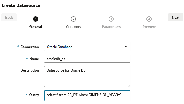 Imagem da guia Geral no assistente de criação da Origem de Dados. Conexão: SAMPLE.oracledb_conn, Nome: oracledb_ds, Descrição: Origem de Dados para Oracle DB, Consulta: selecione * de SB_DT em que dimension_year=? Imagem da guia Geral no assistente de criação da Origem de Dados. Conexão: SAMPLE.oracledb_conn, Nome: oracledb_ds, Descrição: Origem de Dados para Oracle DB, Consulta: selecione * de SB_DT em que dimension_year=?