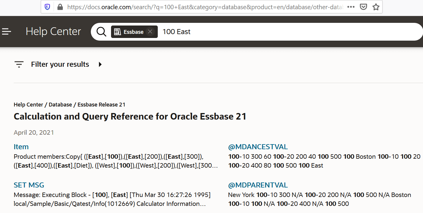 Imagem dos resultados do drill through do URL, mostrando o Oracle Help Center com os resultados da pesquisa por Essbase e 100 e East.