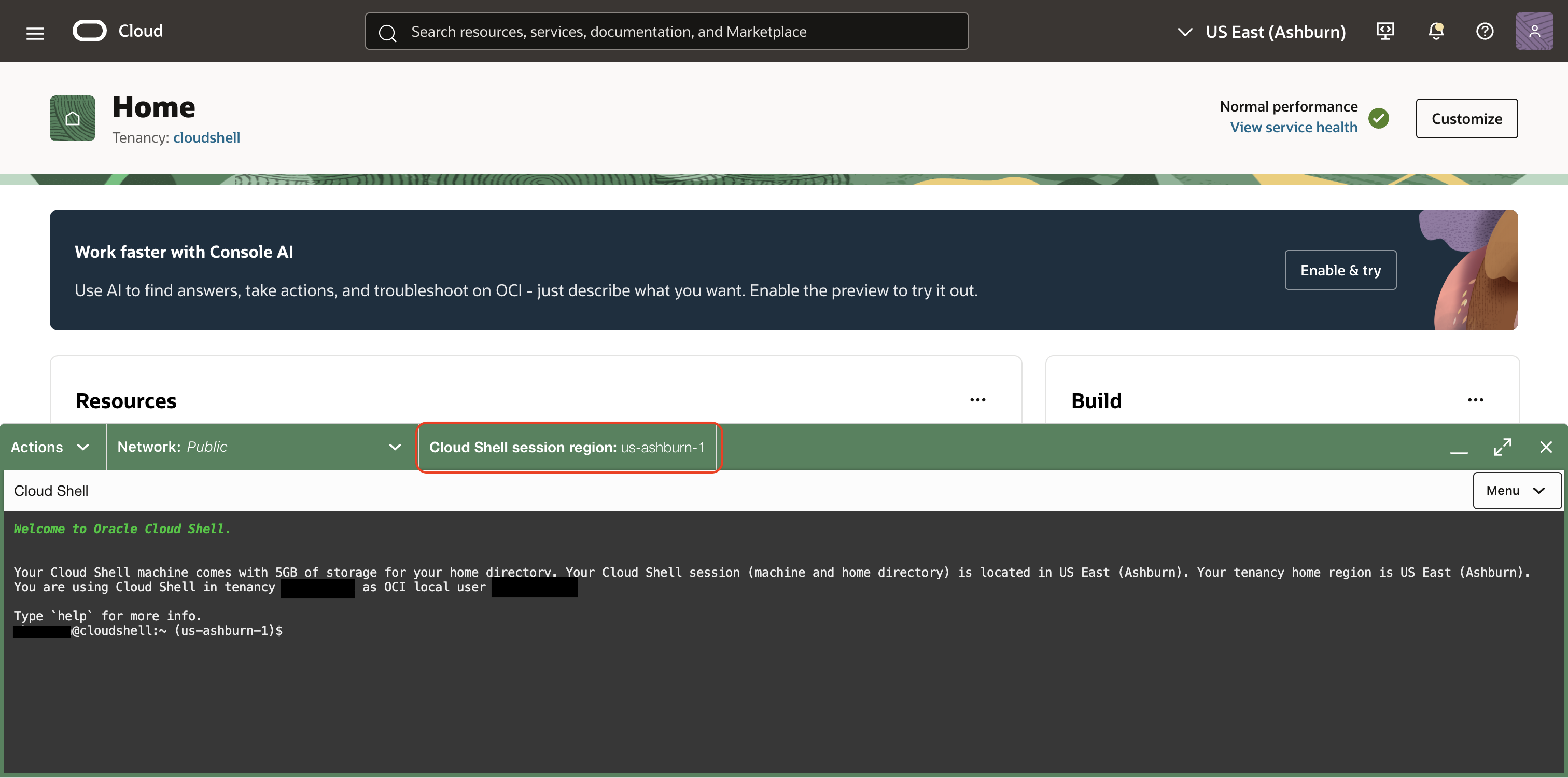Região da sessão do Cloud Shell
