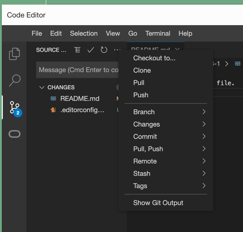 Menu de mais ações do git no Code Editor