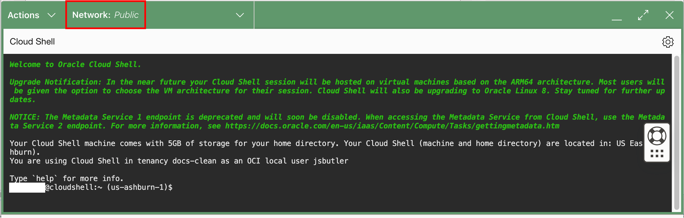 Local do menu da Rede do Cloud Shell