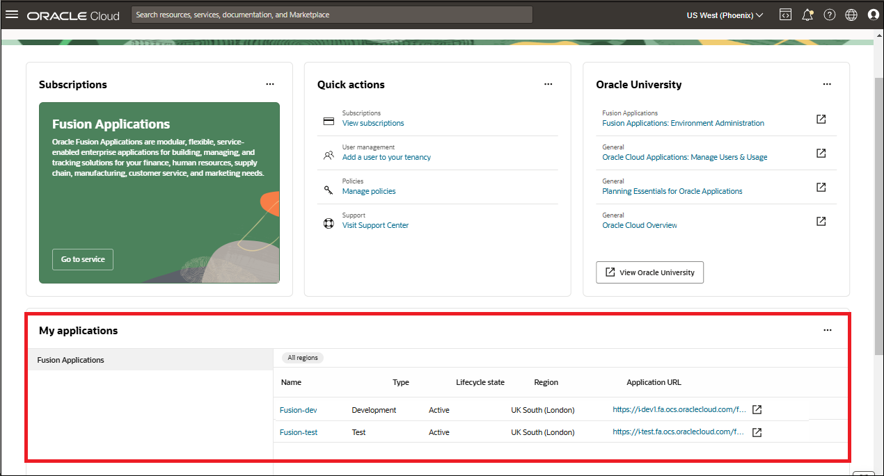 Clique para expandir Imagem da home page da Console do Oracle Cloud