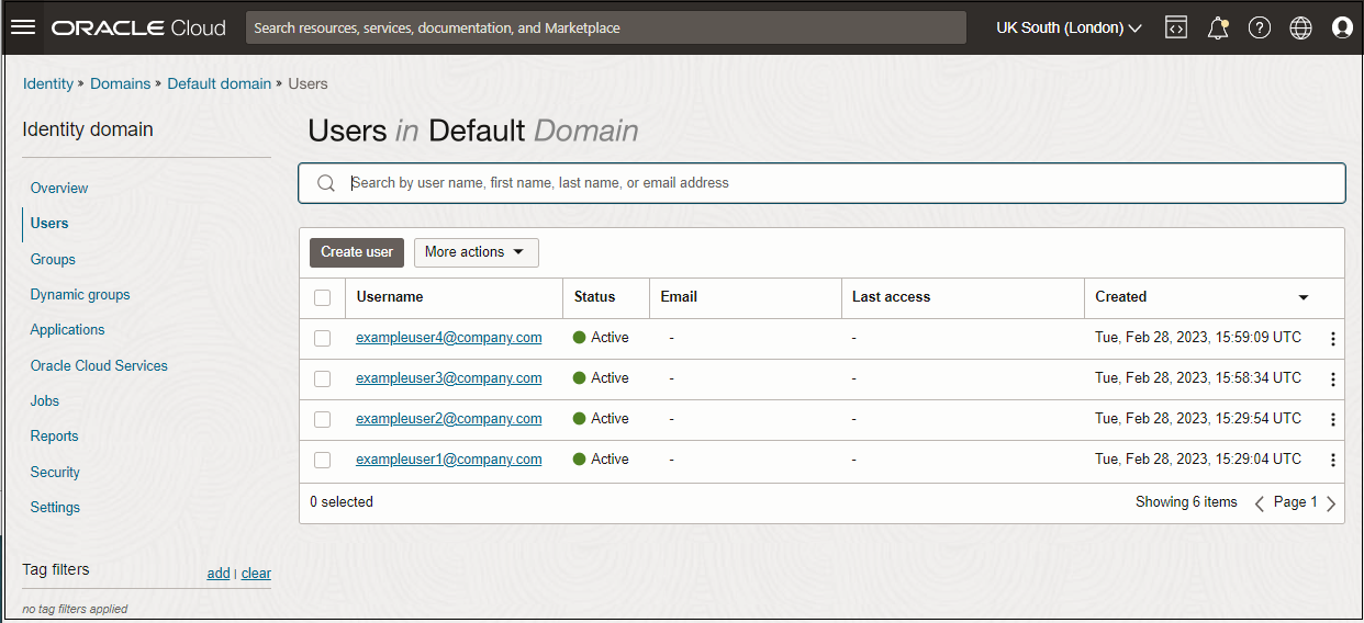 Clique para expandir Captura de tela da página Usuários na Console do Oracle Cloud