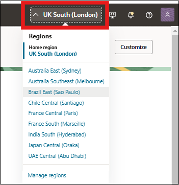 Exibindo o menu de regiões