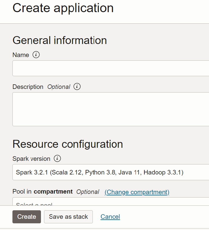 A página Aplicativo é exibida com a opção Criar Aplicativo, no lado direito. Na parte superior há uma seção chamada Informações Gerais que contém um campo do texto denominado Nome e o campo do texto chamado Descrição. Em seguida, há uma seção chamada Configuração de recurso na qual dois campos de texto estão visíveis. Na parte inferior estão três botões: Criar, Salvar como pilha e Cancelar.