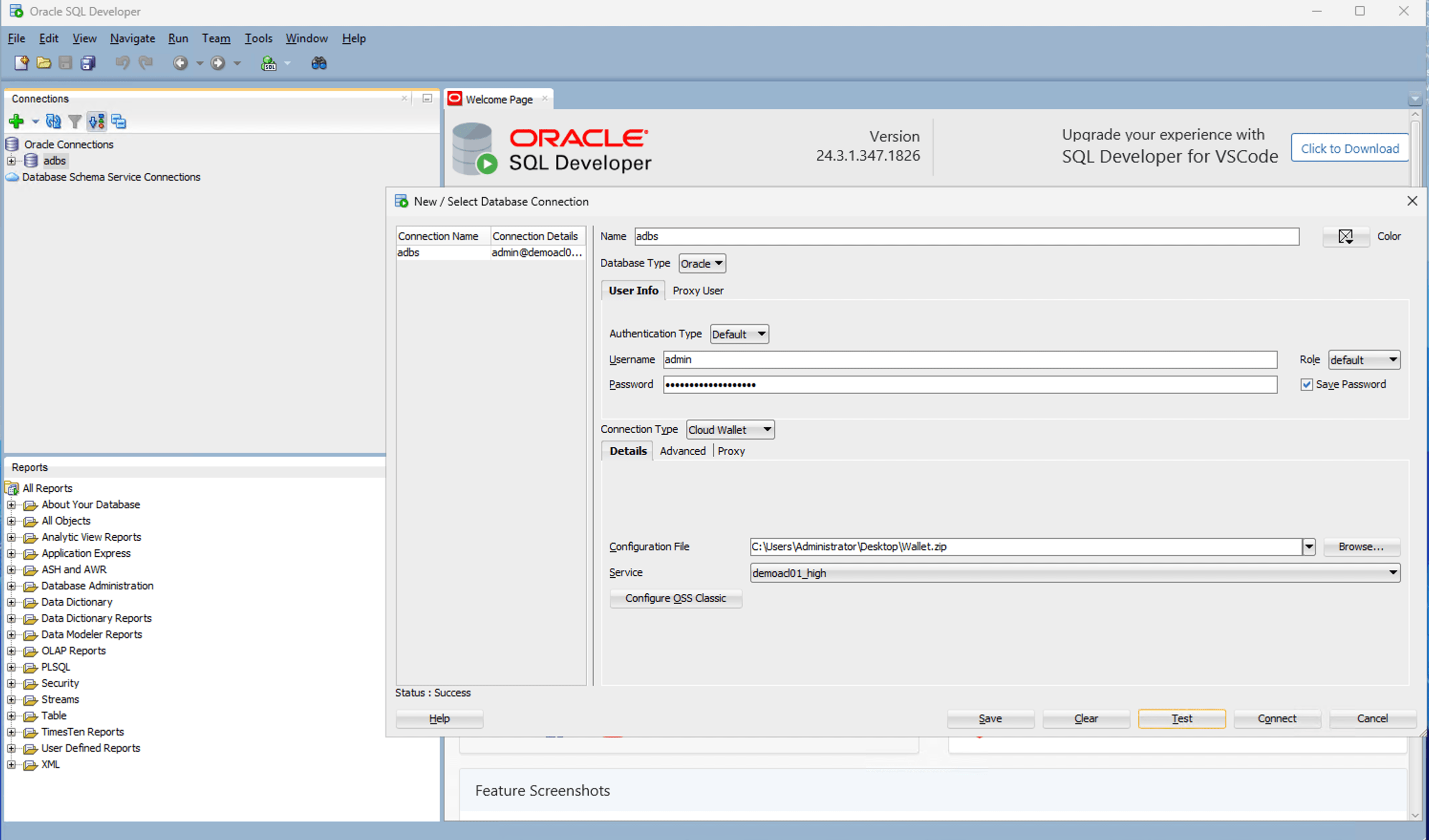 Esta captura de tela mostra como conectar o Oracle SQL Developer ao seu banco de dados.