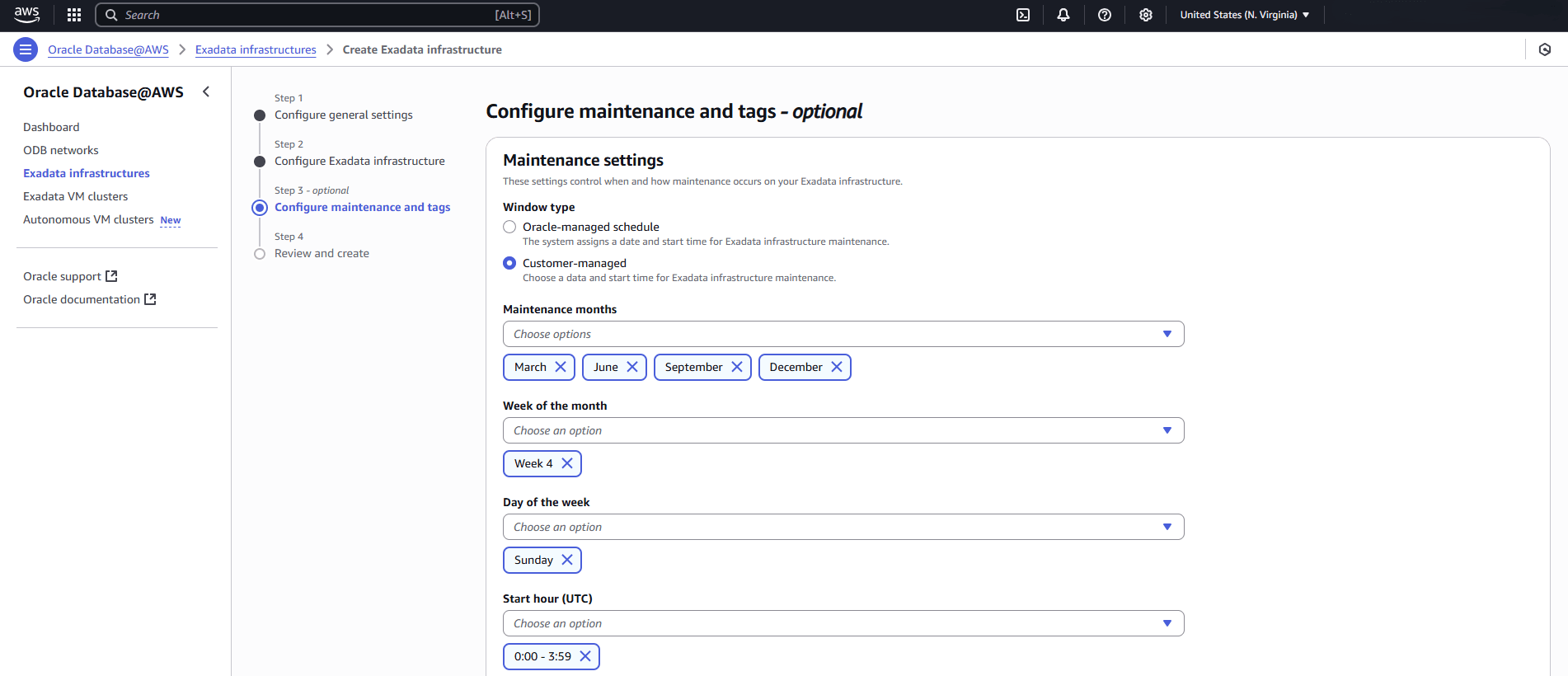 Esta captura de tela mostra a terceira parte da criação de um Exadata Infrastructure.