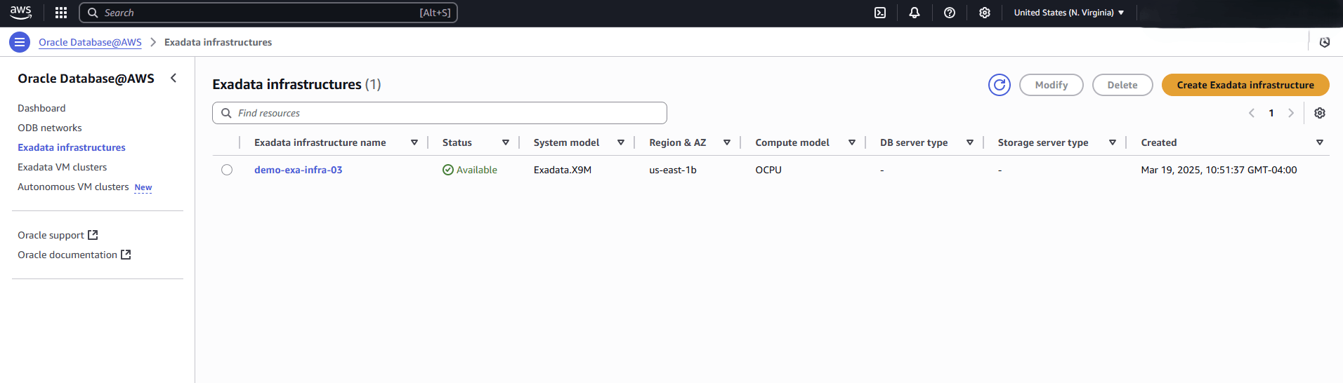 Esta captura de tela mostra a última parte da criação de um Exadata Infrastructure.