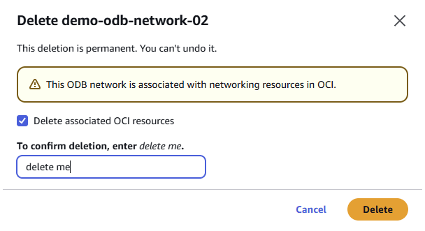 Uma captura de tela da confirmação do processo de exclusão de uma rede ODB.