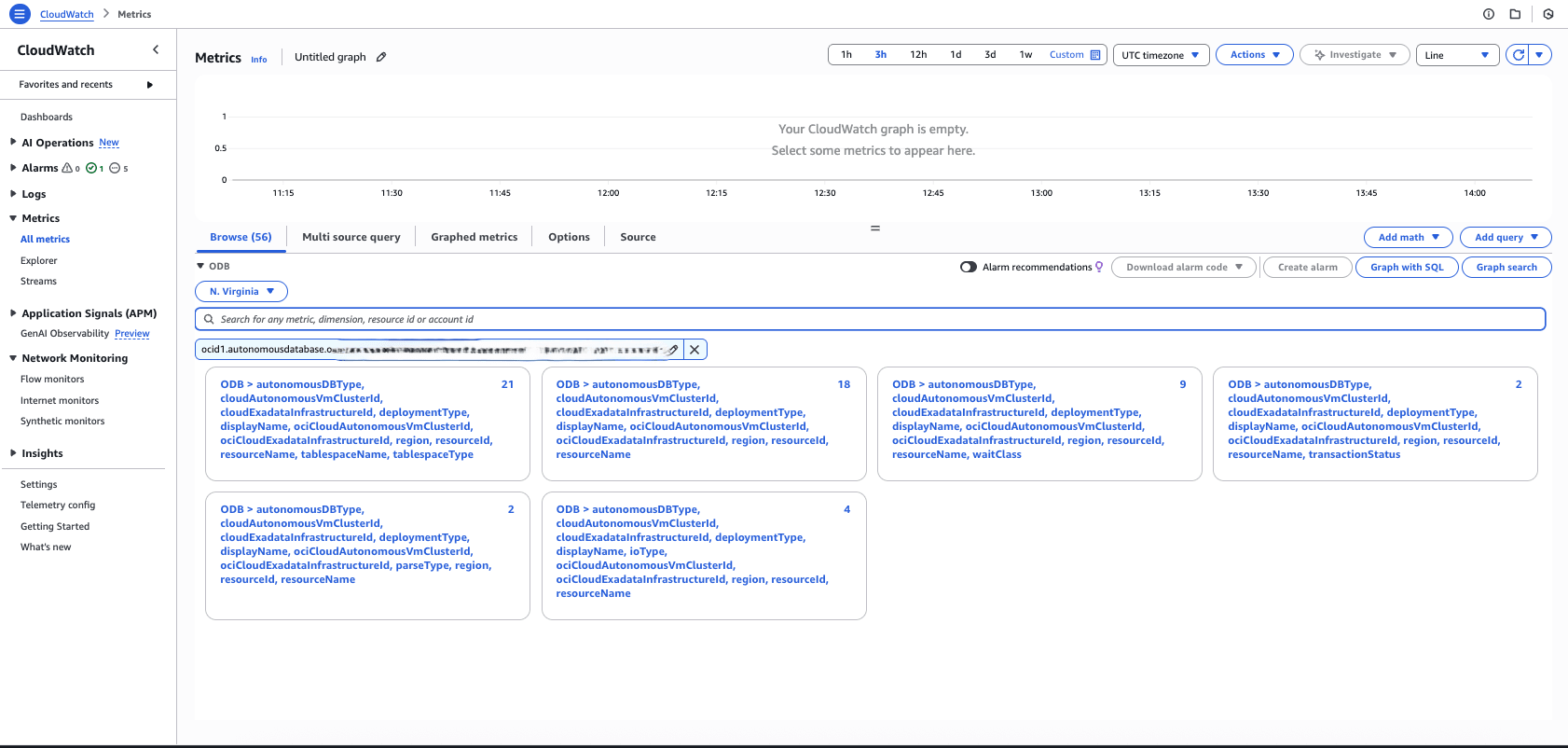 Esta captura de tela mostra como exibir as métricas do Autonomous AI Database.