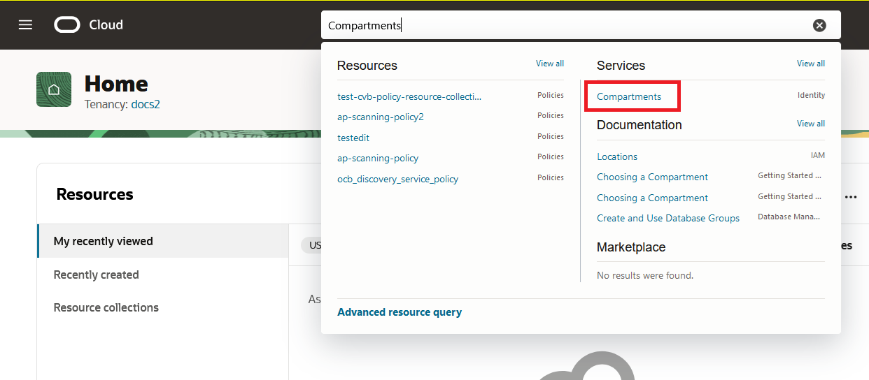 Clique para expandir Uma imagem de uma pesquisa na console do OCI para "compartimentos"