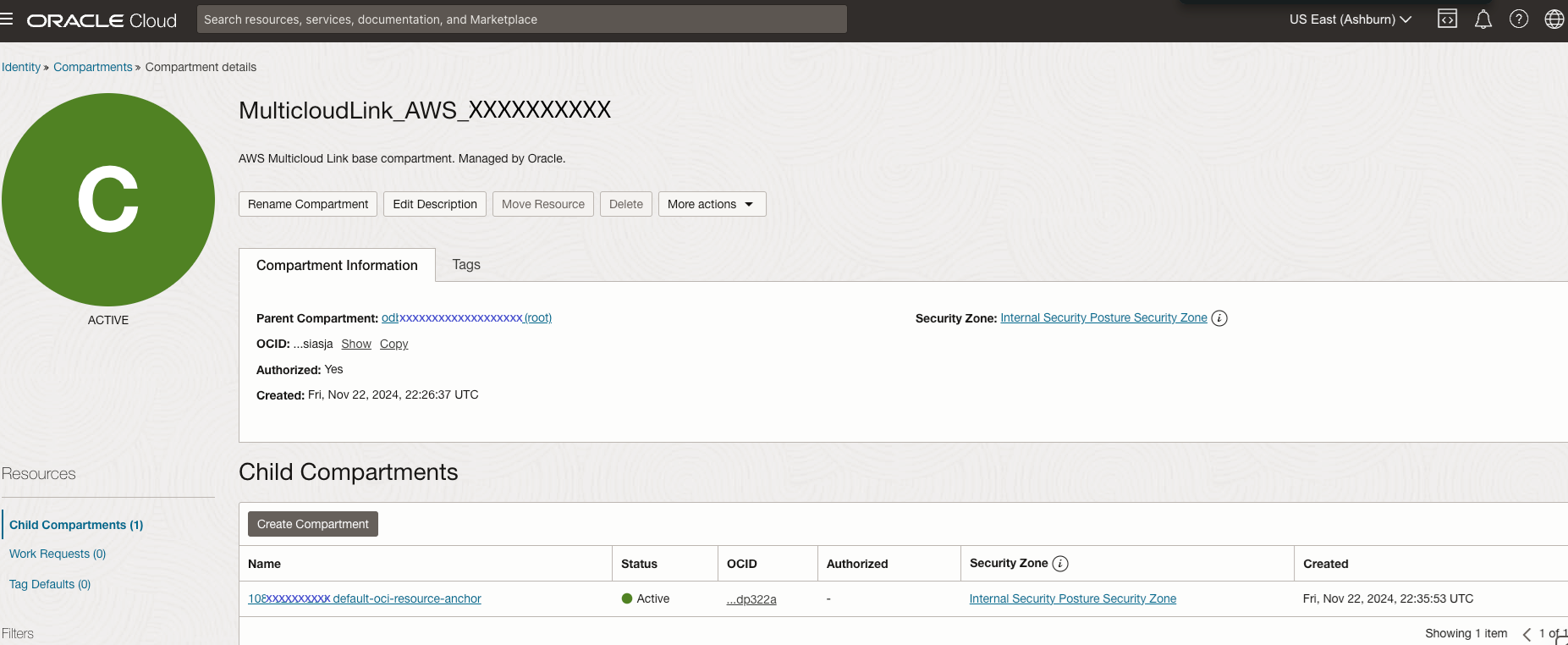 Clique para expandir Uma imagem de uma página de detalhes do compartimento na Console do OCI.