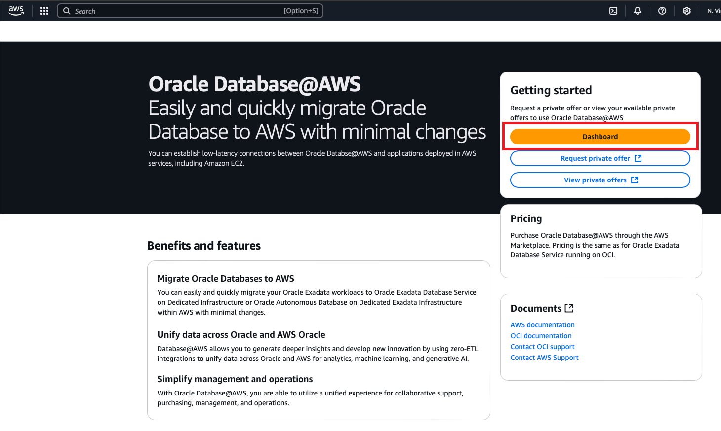 Clique para expandir Uma imagem da página do produto Oracle AI Database@AWS mostrando o link Painel de Controle.