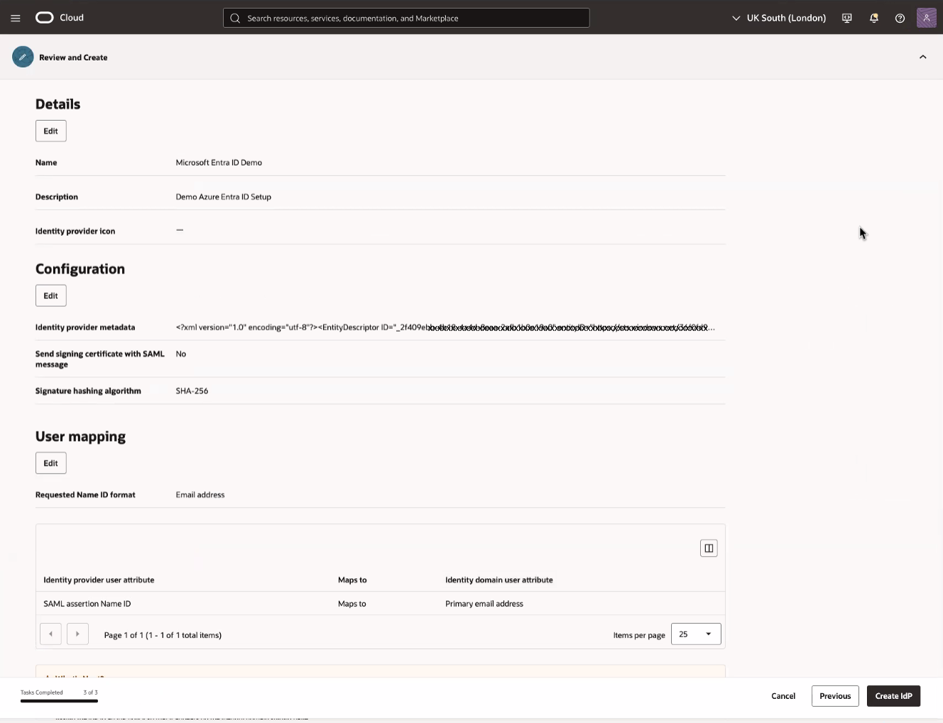 Clique para expandir Uma imagem da Console do OCI mostrando a página Revisar e Criar do fluxo de trabalho Adicionar provedor de identidades SAML.