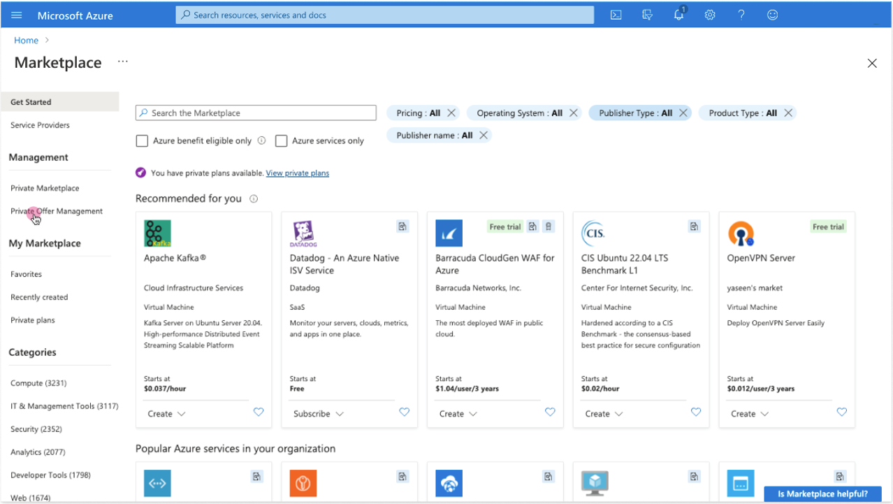 Clique para expandir Uma imagem do portal do Azure mostrando um usuário navegando para a página Gerenciamento de Ofertas Privadas no Azure Marketplace.