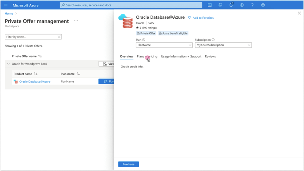 Clique para expandir Uma imagem do portal do Azure mostrando o painel de compra Oferta Privada.