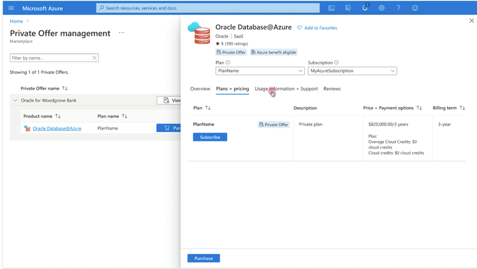 Clique para expandir Uma imagem do portal do Azure mostrando a guia Planos + preços da compra de oferta privada.