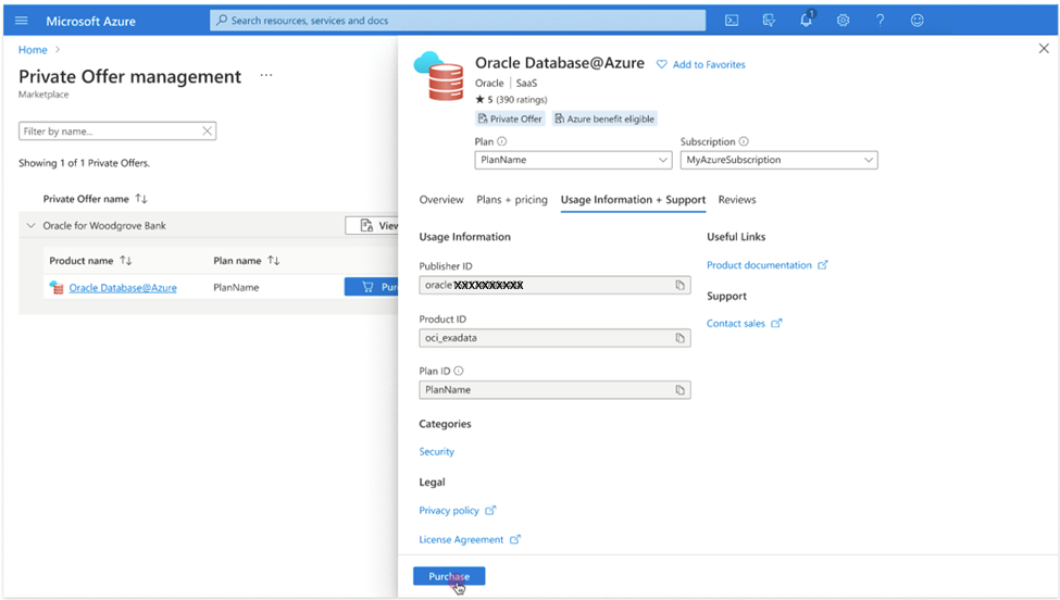 Clique para expandir Uma imagem do portal do Azure que mostra um utilizador a concluir a compra de uma oferta privada, selecionando o botão "Comprar".