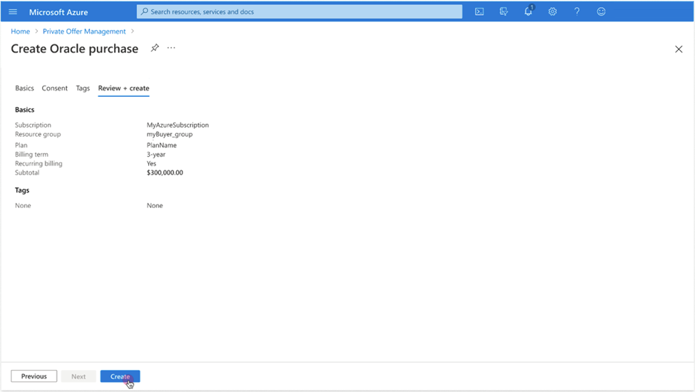 Clique para expandir Uma imagem do portal do Azure mostrando a etapa de compra no fluxo de trabalho de compra de oferta privada.