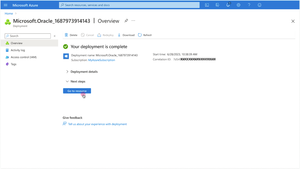 Clique para expandir Uma imagem do portal do Azure mostrando a página de visão geral da implantação após a conclusão da implantação.
