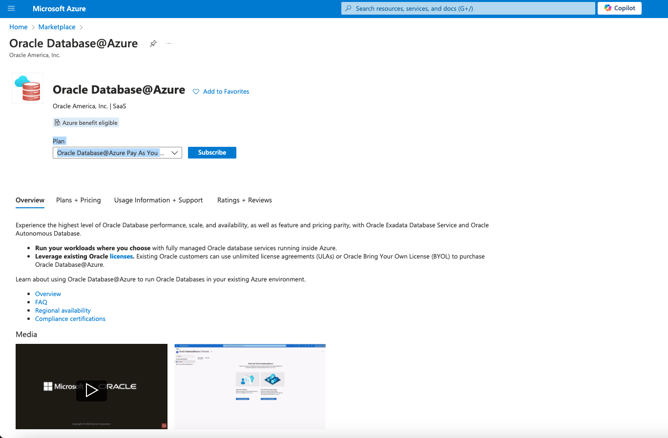 Clique para expandir Uma imagem do portal do Azure mostrando a página do produto Oracle Database@Azure.