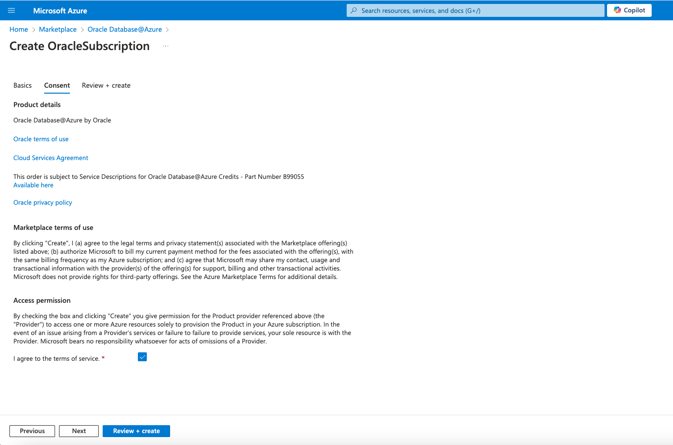 Clique para expandir Uma imagem do portal do Azure mostrando a guia Consentimento para uma compra no Marketplace.