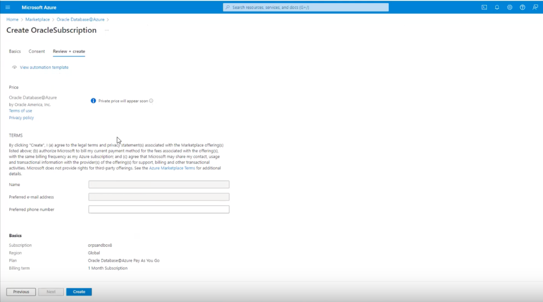 Clique para expandir Uma imagem do portal do Azure mostrando os detalhes completos da oferta exibidos na guia Review + create.